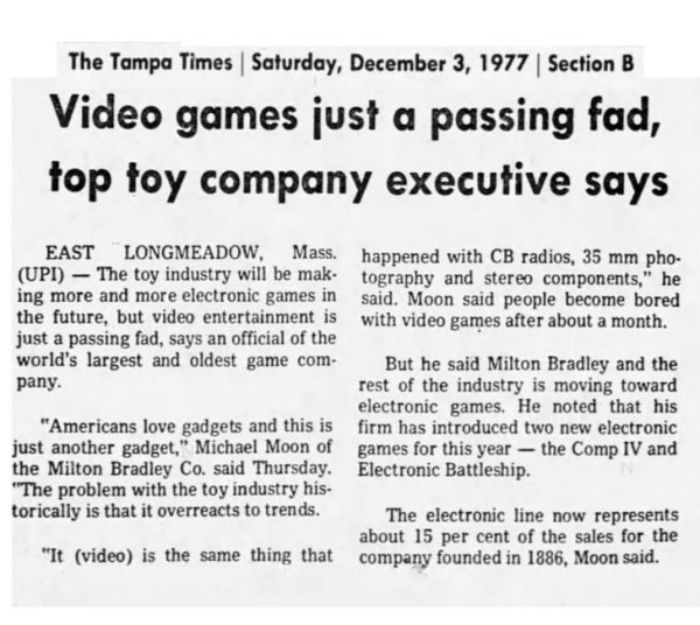 Video game - The Tampa Times | Saturday, | Section B Video games just a passing fad, top toy company executive says East Longmeadow, Mass. Upi The toy industry will be mak. ing more and more electronic games in the future, but video entertainment is just 