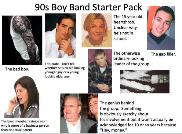 90s boy starter pack - 90s Boy Band Starter Pack The 15 year old heartthrob. Unclear why he's not in school. The otherwise The gap filler. ordinarylooking leader of the group. The bad boy. This dudecan't tell whether he's an old looking younger guy or a y