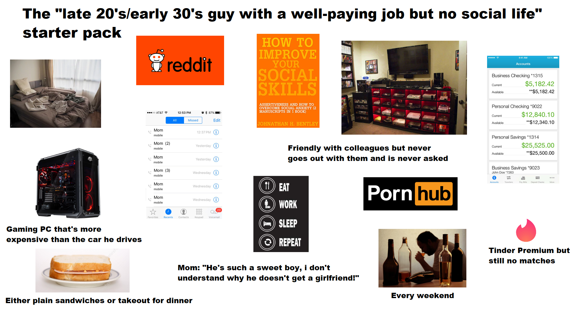 late 20s starter pack - The "late 20'searly 30's guy with a wellpaying job but no social life" starter pack How To Improve reddit Social Skills $12.840.10 $95 525.00 Friendly with colleagues but never goes out with them and is never asked Porn hub Eat Wor