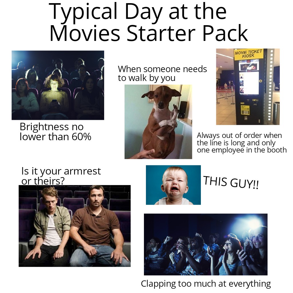 presentation - Typical Day at the Movies Starter Pack Movie Ticket Kiosk When someone needs to walk by you Ir Illunilor Brightness no lower than 60% Always out of order when the line is long and only one employee in the booth Is it your armrest or theirs?