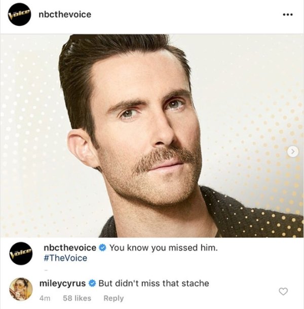 moustache - Voice nbcthevoice nbcthevoice You know you missed him. mileycyrus But didn't miss that stache