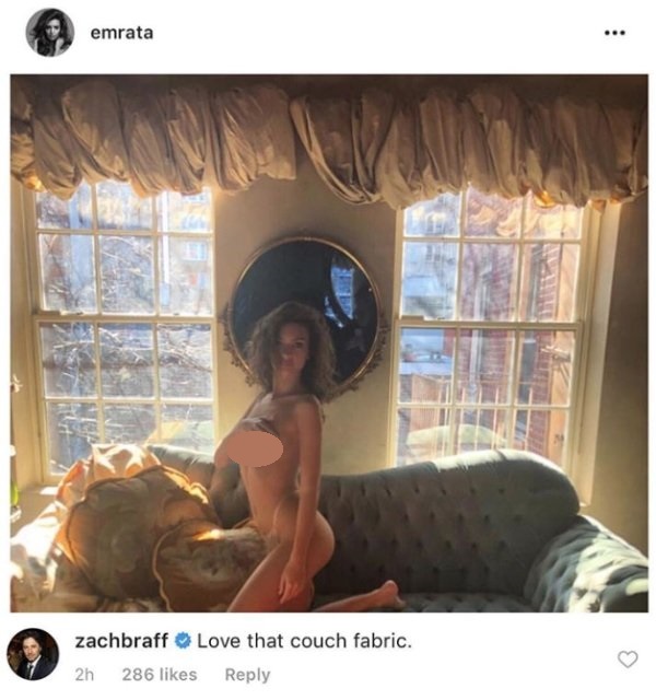 photo caption - emrata zachbraff Love that couch fabric.