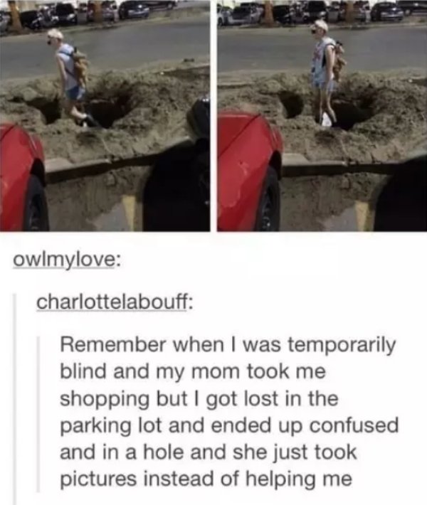 savage moms - temporarily blind mom took - owlmylove charlottelabouff Remember when I was temporarily blind and my mom took me shopping but I got lost in the parking lot and ended up confused and in a hole and she just took pictures instead of helping me