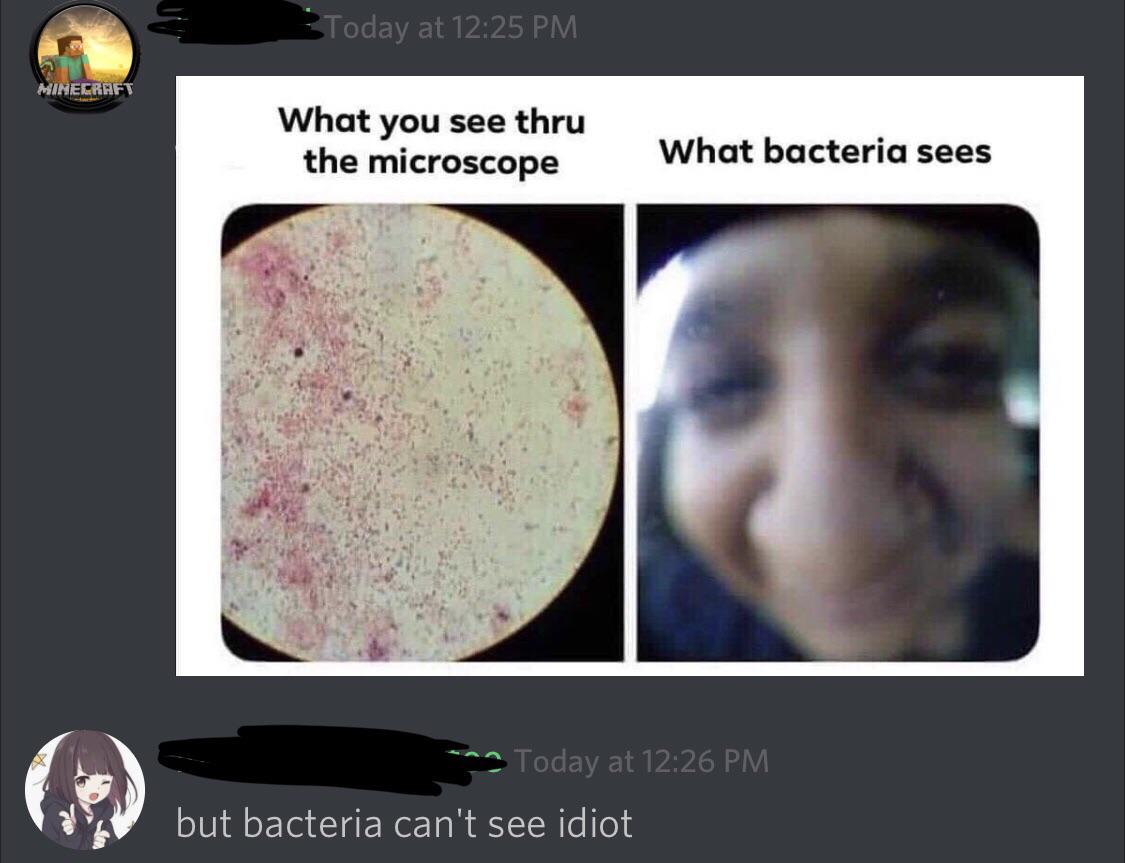 missed - bacteria sees - Today at Minecraft What you see thru the microscope What bacteria sees Today at but bacteria can't see idiot