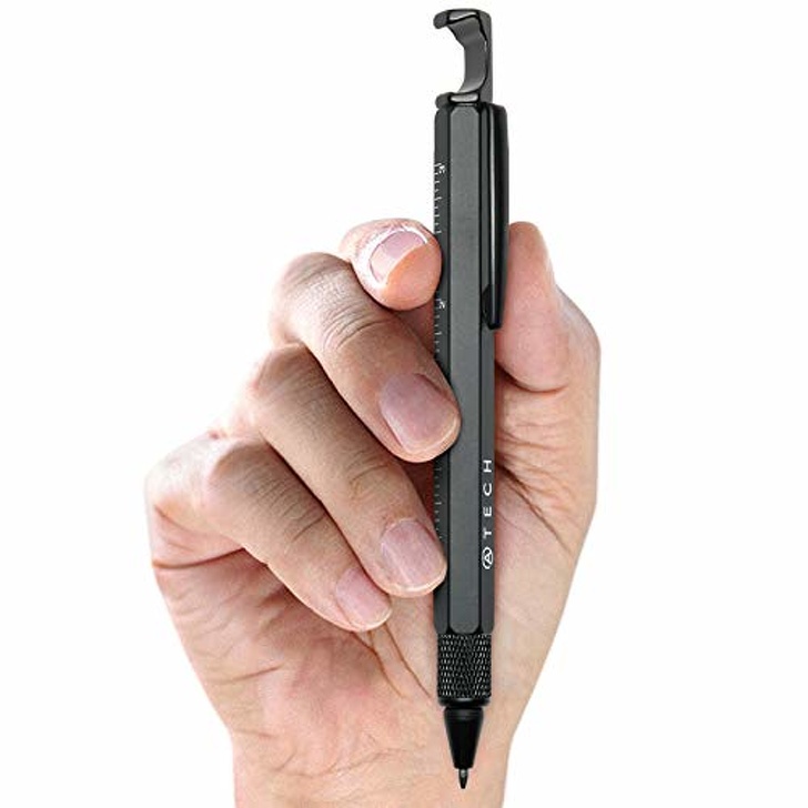 A 7-in-1 pen with a ruler, stylus, bottle opener, 2 screwdrivers, and a phone stand.