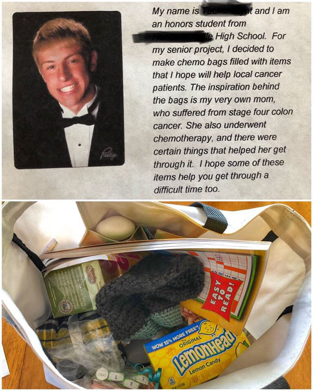 photo caption - My name is t and I am an honors student from le High School. For my senior project, I decided to make chemo bags filled with items that I hope will help local cancer patients. The inspiration behind the bags is my very own mom, who suffere