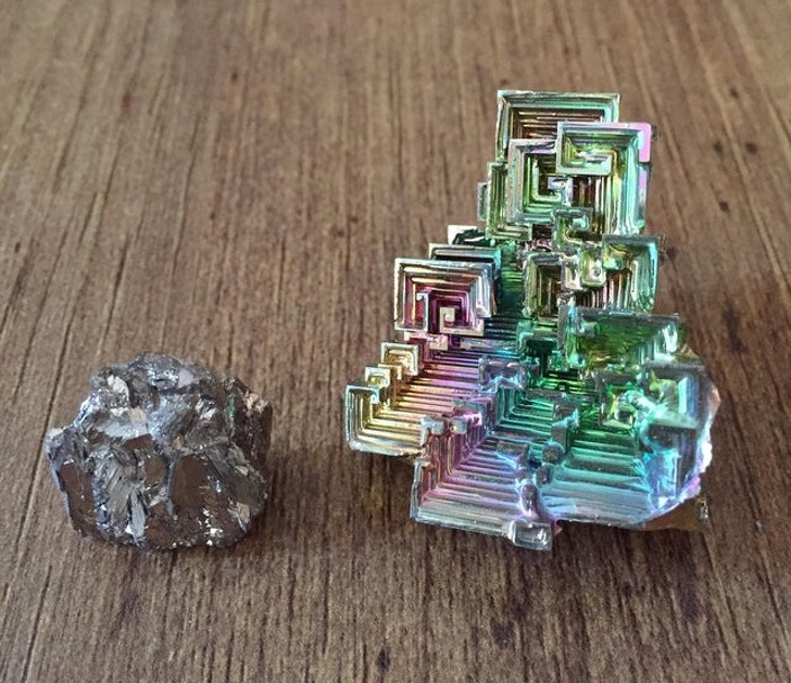 Raw bismuth on the left and a crystalline bismuth on the right.