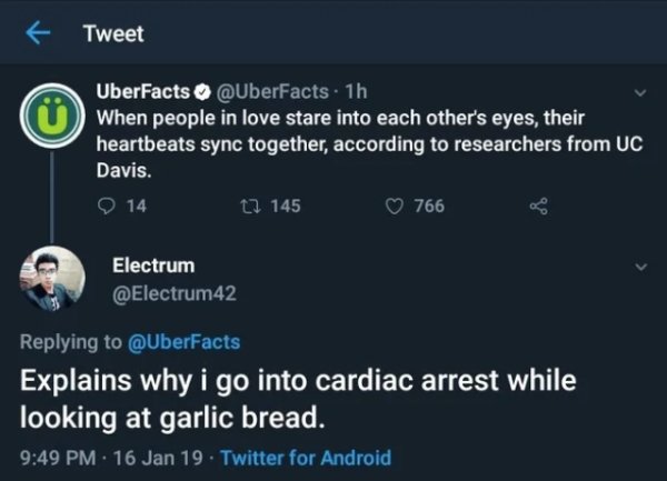 photophobia migraine - Tweet UberFacts 1h When people in love stare into each other's eyes, their heartbeats sync together, according to researchers from Uc Davis. O 14 tl 145 766 Electrum Explains why i go into cardiac arrest while looking at garlic brea