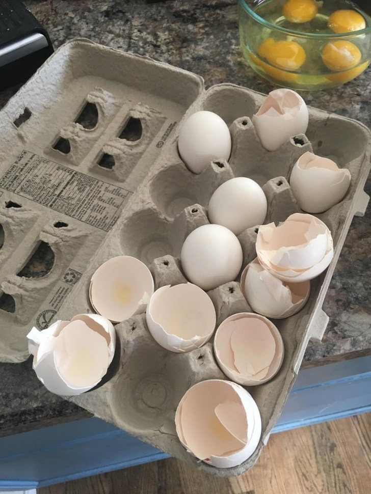 “Look at the way my wife leaves the eggshells in the carton instead of throwing them into the trash.”