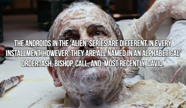 Movie Fact that says The Androids In The 'Alien Series Are Different In Every Installment. However, They Are All Named In An Alphabetical OrderAsh, Bishop, Call, And, Most Recently, David.