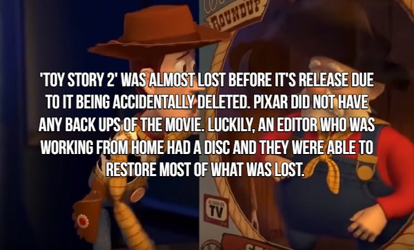 Movie Fact about Toy Story 2 -  Toy Story 2' Was Almost Lost Before It'S Release Due To It Being Accidentally Deleted. Pixar Did Not Have Any Back Ups Of The Movie. Luckily. An Editor Who Was Working From Home Had A Disc And They Were Able