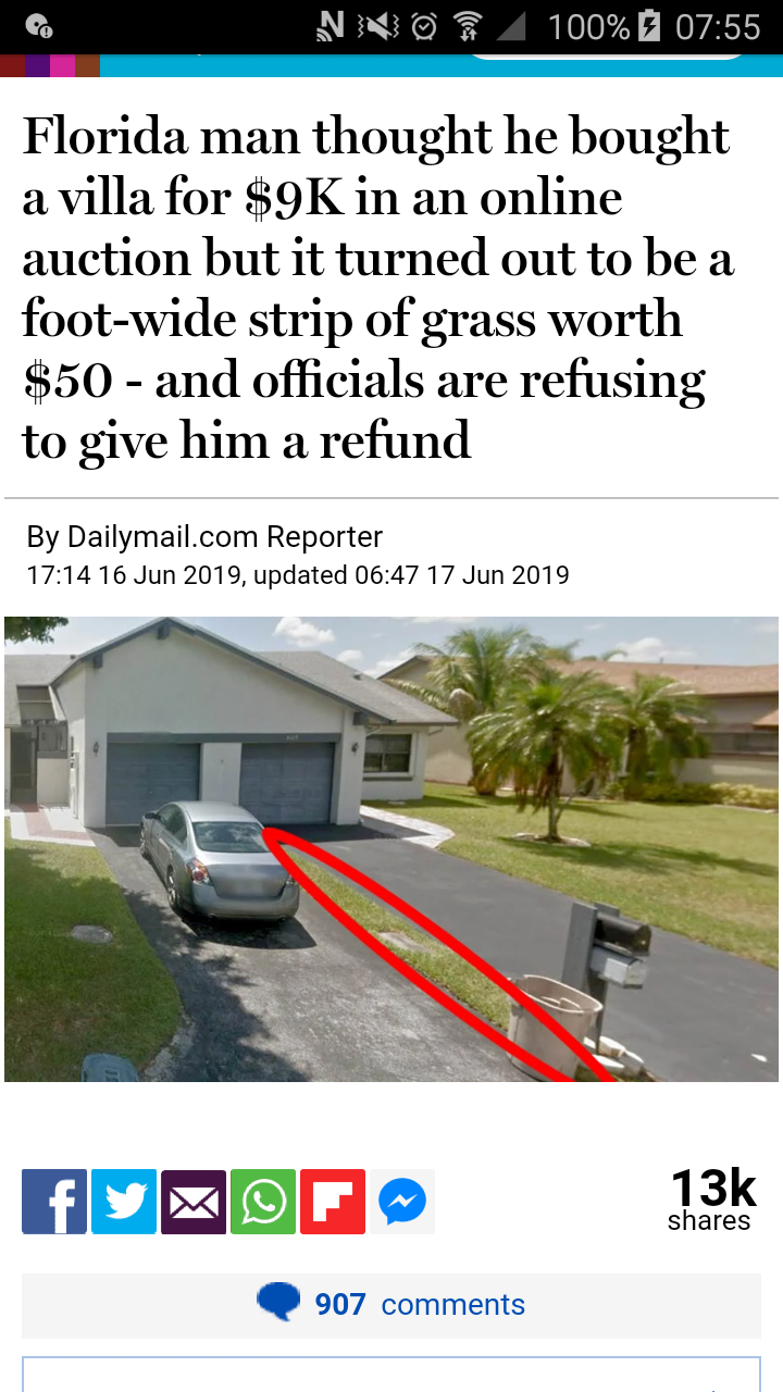 residential area - Nnos 100% Florida man thought he bought a villa for $9K in an online auction but it turned out to be a footwide strip of grass worth $50 and officials are refusing to give him a refund By Dailymail.com Reporter . updated Op 13k 907