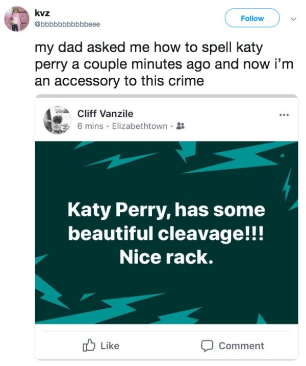 screenshot - kvz my dad asked me how to spell katy perry a couple minutes ago and now i'm an accessory to this crime Cliff Vanzile 6 mins. Elizabethtown. Katy Perry, has some beautiful cleavage!!! Nice rack. Comment