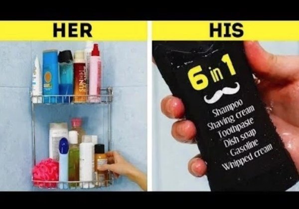 men's 6 in 1 shampoo meme - Her His Sunni 6 in Shampoo Shaving cream Toothpaste Dish soap Gasoline Whipped cream