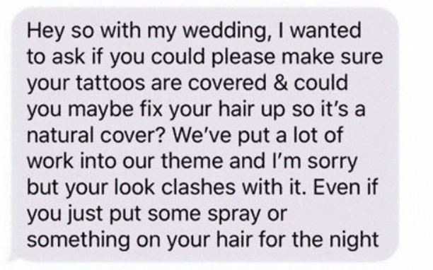 Rude bride wants guest to cover up her tattoo.