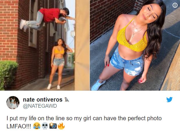 Instagram vs reality - boyfriend takes a photo of a woman from the air