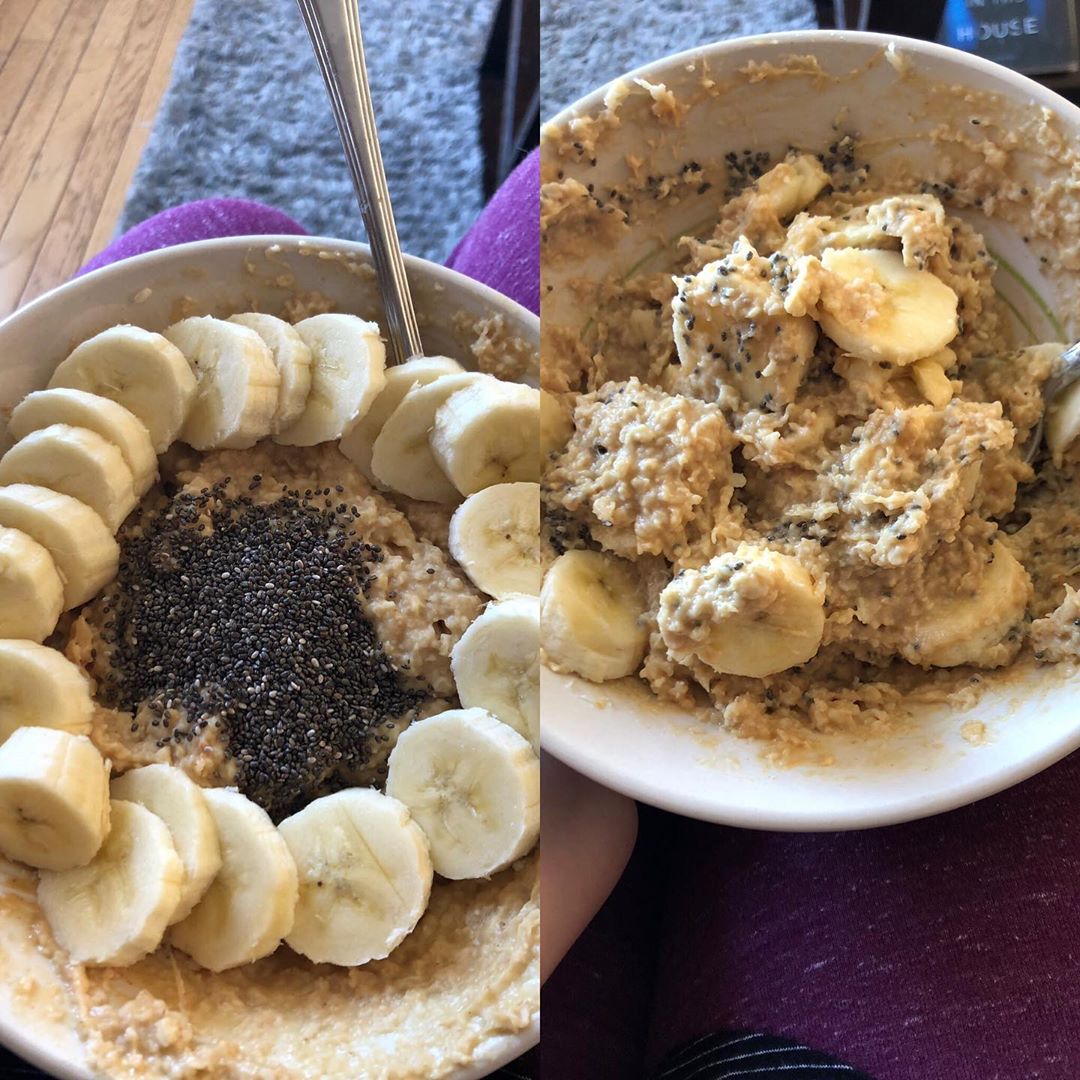 Instagram vs reality - a bowl of oats and bananas messy versus clean