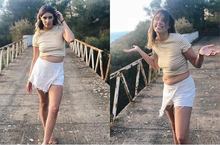 social media fakes - cute girl in a skirt standing sexy versus standing normal with her stomach out