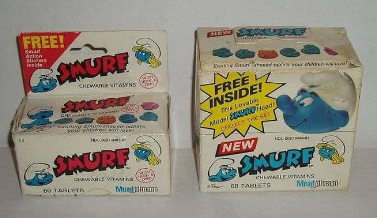 nostalgia - smurf - Free! Smurt Action Stickers Inaida Exciting Smurt shaped tablets your children will love! Sron Chewable Vitamins Free Inside! This Lovable Model Sure Headl Collect The Set Xgloudette Svou care willOVDE Noc 07001501 Nocol01 New Sure Ure