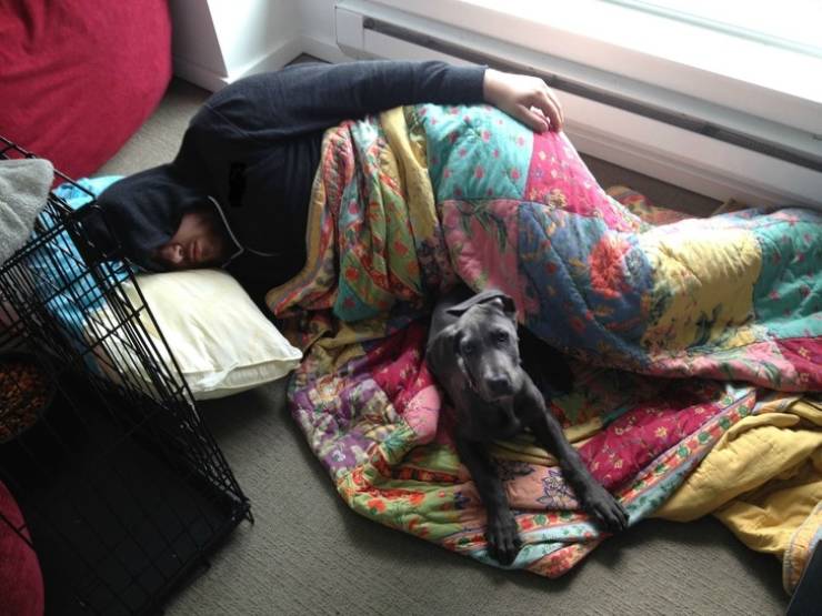 His girlfriend wouldn’t let the dog sleep in bed with them but he wasn’t gonna let his buddy be lonely.