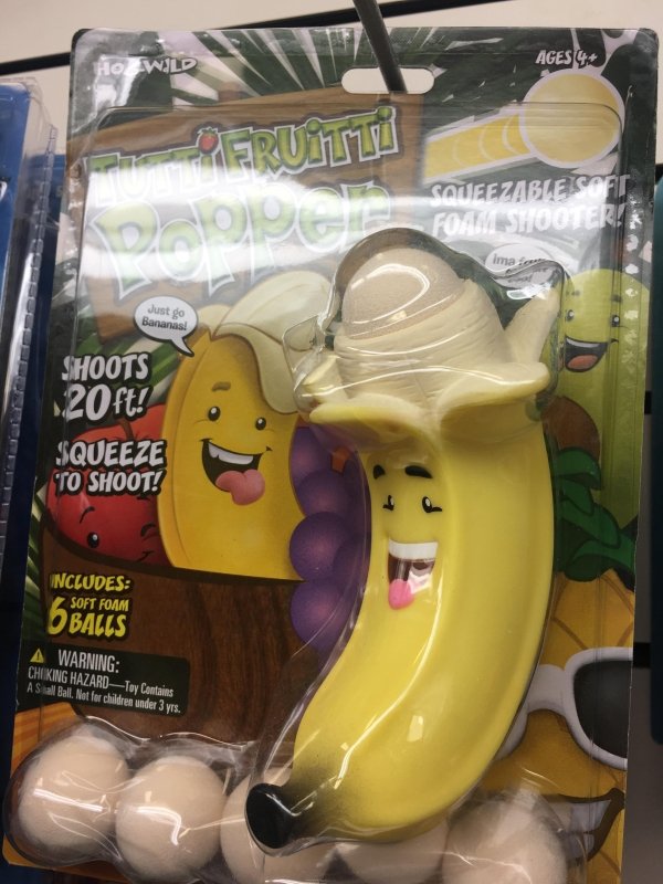 banana - Ages 4 H Erunt Sueezable Soft Formeshooter imao Just go Bananas! Shoots 20ft! Squeeze "To Shoot! Includes Soft Foam Balls A Warning Chuking HAZARDTay Contains A Stall Ball. Not for children under 3 yrs.