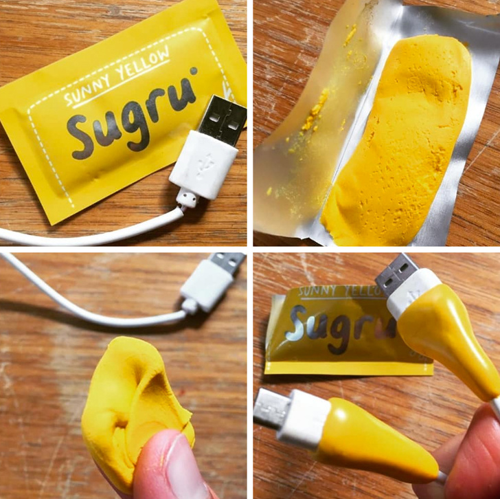 With the help of this moldable glue you can fix the cable, shoes, or whatever you want all by yourself.