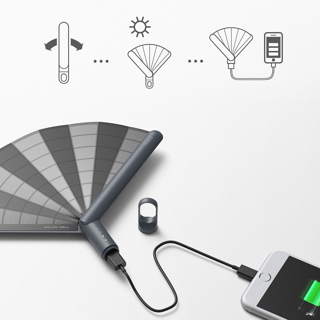 It charges with solar power and is convenient to take with you, since it folds like a fan.