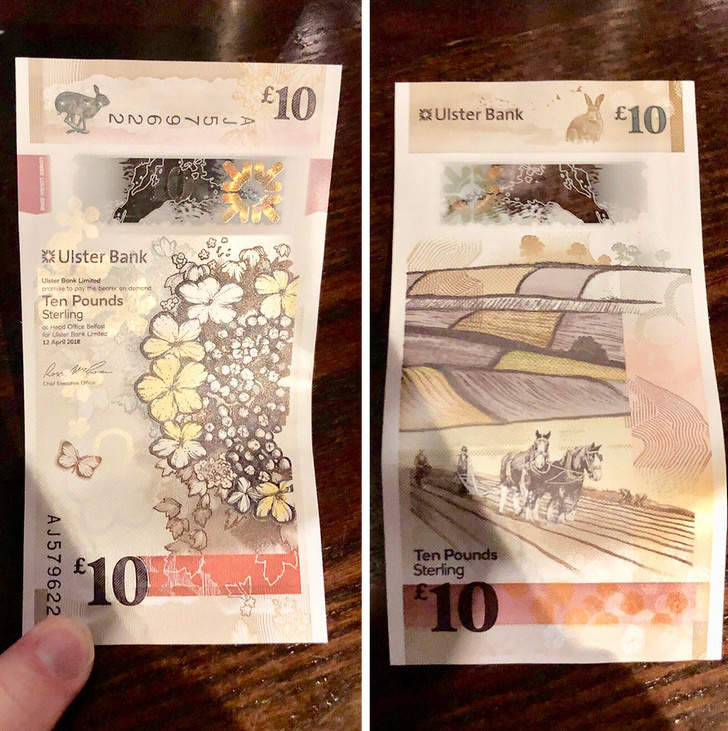 A vertical 10-pound banknote, Ireland.