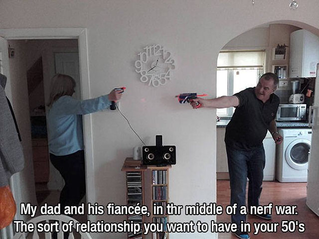 Photography - My dad and his fiance, in thr middle of a nerf war. The sort of relationship you want to have in your 50's