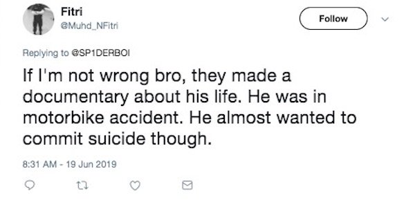 diagram - Fitri If I'm not wrong bro, they made a documentary about his life. He was in motorbike accident. He almost wanted to commit suicide though.