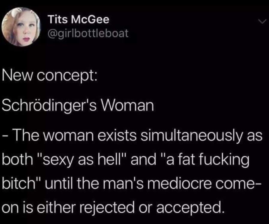 schrodinger's woman meme - Tits McGee New concept Schrdinger's Woman The woman exists simultaneously as both "sexy as hell" and "a fat fucking bitch" until the man's mediocre come on is either rejected or accepted.