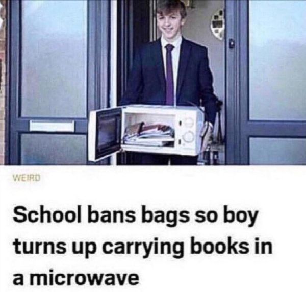 school bans bags - Weird School bans bags so boy turns up carrying books in a microwave