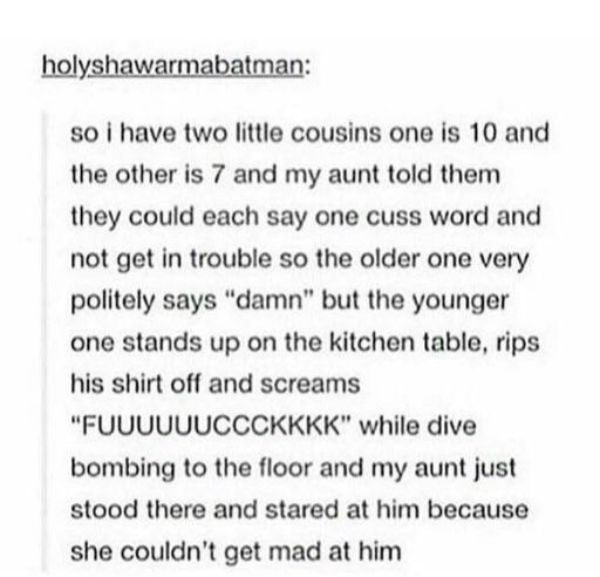 birthday posts - holyshawarmabatman so i have two little cousins one is 10 and the other is 7 and my aunt told them they could each say one cuss word and not get in trouble so the older one very politely says "damn" but the younger one stands up on the ki