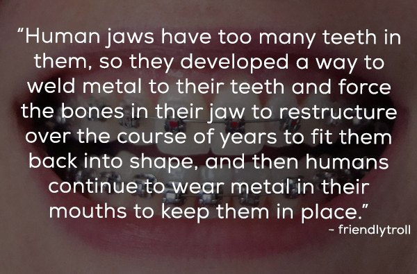 love - "Human jaws have too many teeth in them, so they developed a way to weld metal to their teeth and force the bones in their jaw to restructure over the course of years to fit them back into shape, and then humans continue to wear metal in their mout