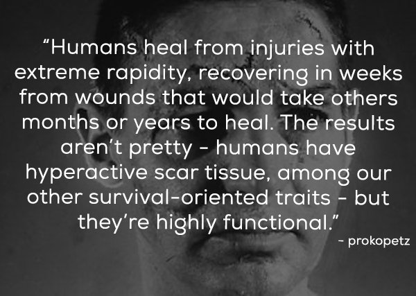 monochrome photography - "Humans heal from injuries with extreme rapidity, recovering in weeks from wounds that would take others months or years to heal. The results aren't pretty humans have hyperactive scar tissue, among our other survivaloriented trai