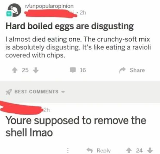 hard boiled egg reddit - runpopularopinion 2h Hard boiled eggs are disgusting I almost died eating one. The crunchysoft mix is absolutely disgusting. It's eating a ravioli covered with chips. 25 16 Best 2h Youre supposed to remove the shell Imao 4 24