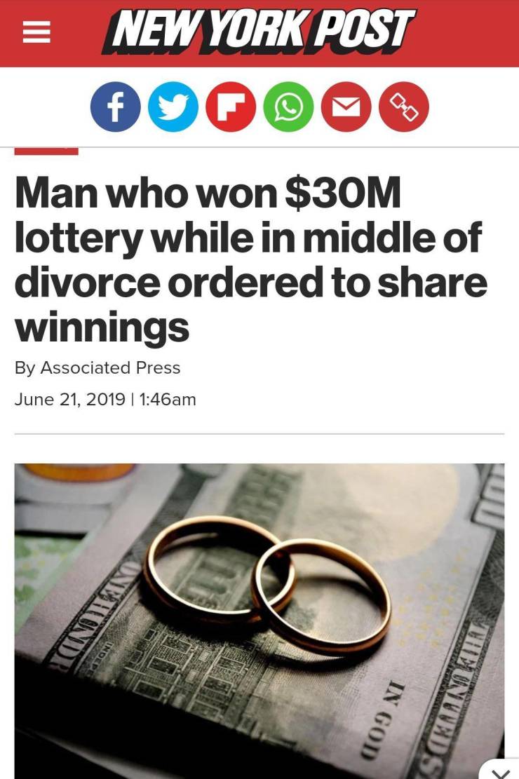 dick hang low - E New York Post D Man who won $30M lottery while in middle of divorce ordered to winnings By Associated Press | am A Unwtondr The United S In God V