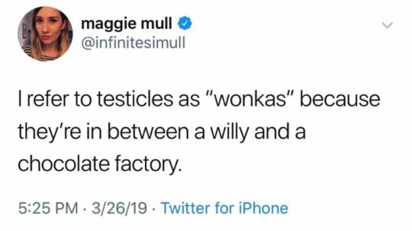 maggie mull Trefer to testicles as "Wonkas"