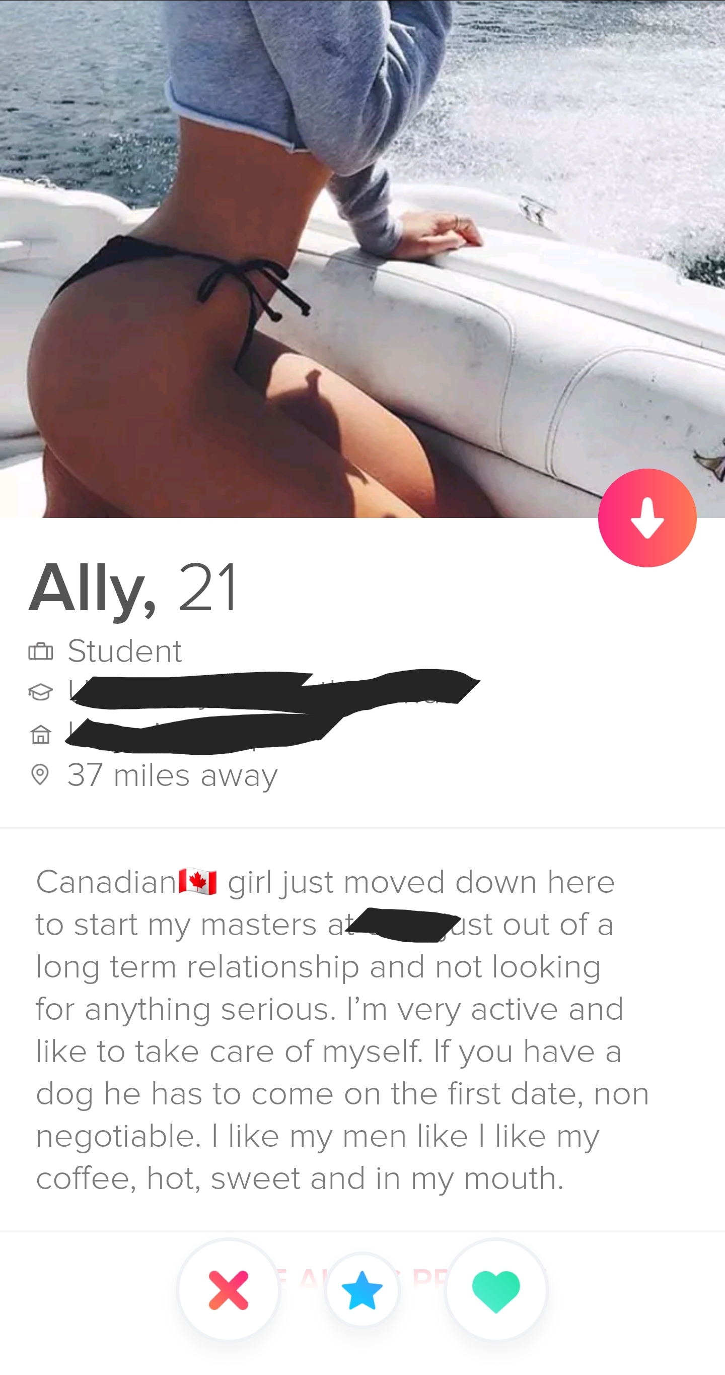 tinder - arm - Ally, 21 Student 37 miles away Canadian girl just moved down here to start my masters a s out of a long term relationship and not looking for anything serious. I'm very active and to take care of myself. If you have a dog he has to come on 