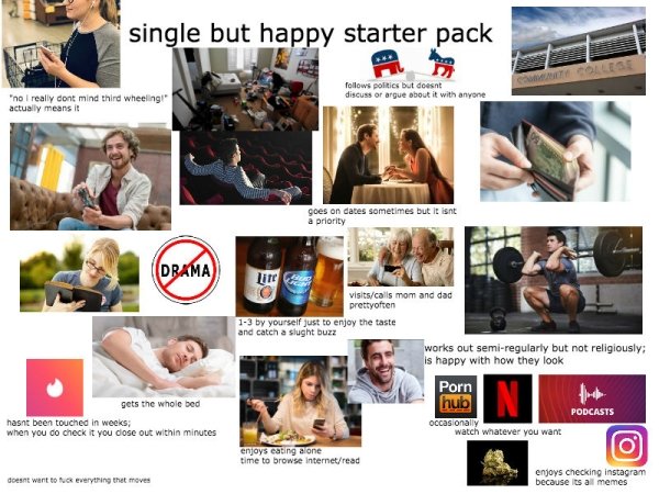 photomontage - single but happy starter pack s politics but doesnt discuss or argue about it with anyone "no I really dont mind third wheelingi actually means it goes on dates sometimes but it isnt Drama lite visitscalls mom and dad prettyoften 13 by your