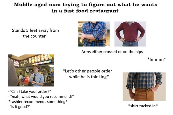 Meme - Middleaged man trying to figure out what he wants in a fast food restaurant Stands 5 feet away from the counter Arms either crossed or on the hips hmmm Let's other people order while he is thinking "Can I take your order?" "Yeah, what would you rec