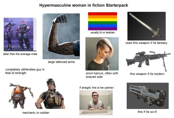 firearm - Hypermasculine woman in fiction Starterpack usually bi or lesbian uses this weapon if its fantasy taller than the average male large tattooed arms completely obliterates guy in feat of strength short haircut, often with shaved side this weapon i