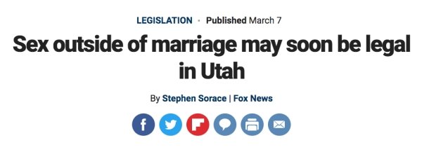 diagram - Legislation . Published March 7 Sex outside of marriage may soon be legal in Utah By Stephen Sorace | Fox News Oooooo