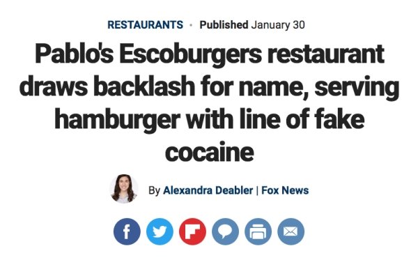 diagram - Restaurants Published January 30 Pablo's Escoburgers restaurant draws backlash for name, serving hamburger with line of fake cocaine By Alexandra Deabler Fox News