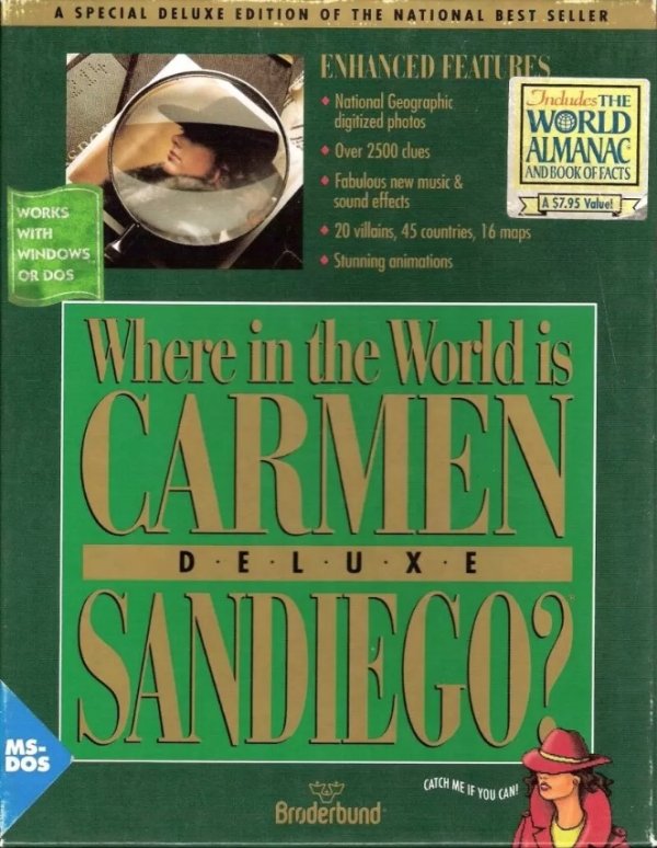 world is carmen sandiego box - A Special Deluxe Edition Of The National Best Seller Enhanced Features National Geographic Includes The digitized photos World Over 2500 clues Almanac Fabulous new music & And Book Of Facts sound effects A $7.95 Valuet 20 vi