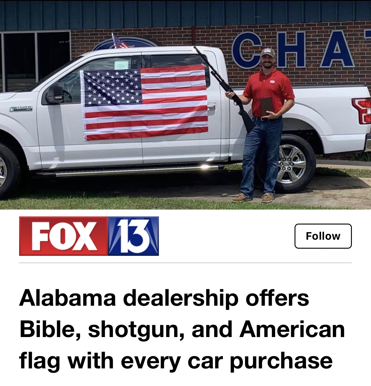 fox 11 - Cha Luu Fox 13 Alabama dealership offers Bible, shotgun, and American flag with every car purchase