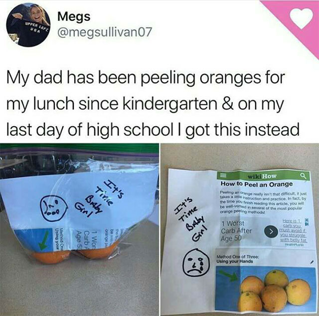 it's time baby girl oranges - Upper Left Megs My dad has been peeling oranges for my lunch since kindergarten & on my last day of high schooll got this instead It's wild How How to Peel an Orange Peeling an Orange isn't that difficult, it takes instructio