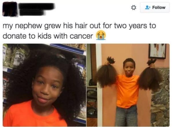 growing hair out for 2 years - my nephew grew his hair out for two years to donate to kids with cancer at