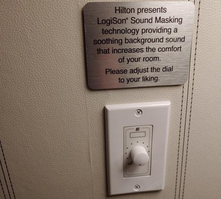 electronics - Hilton presents LogiSon Sound Masking technology providing a soothing background sound that increases the comfort of your room. Please adjust the dial to your liking.