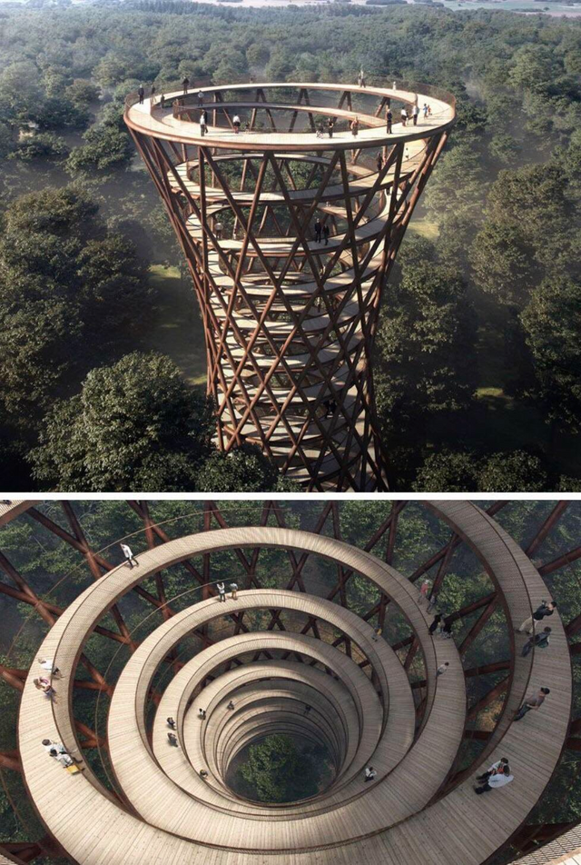 Spiral Treetop Walkway in Danish forest.